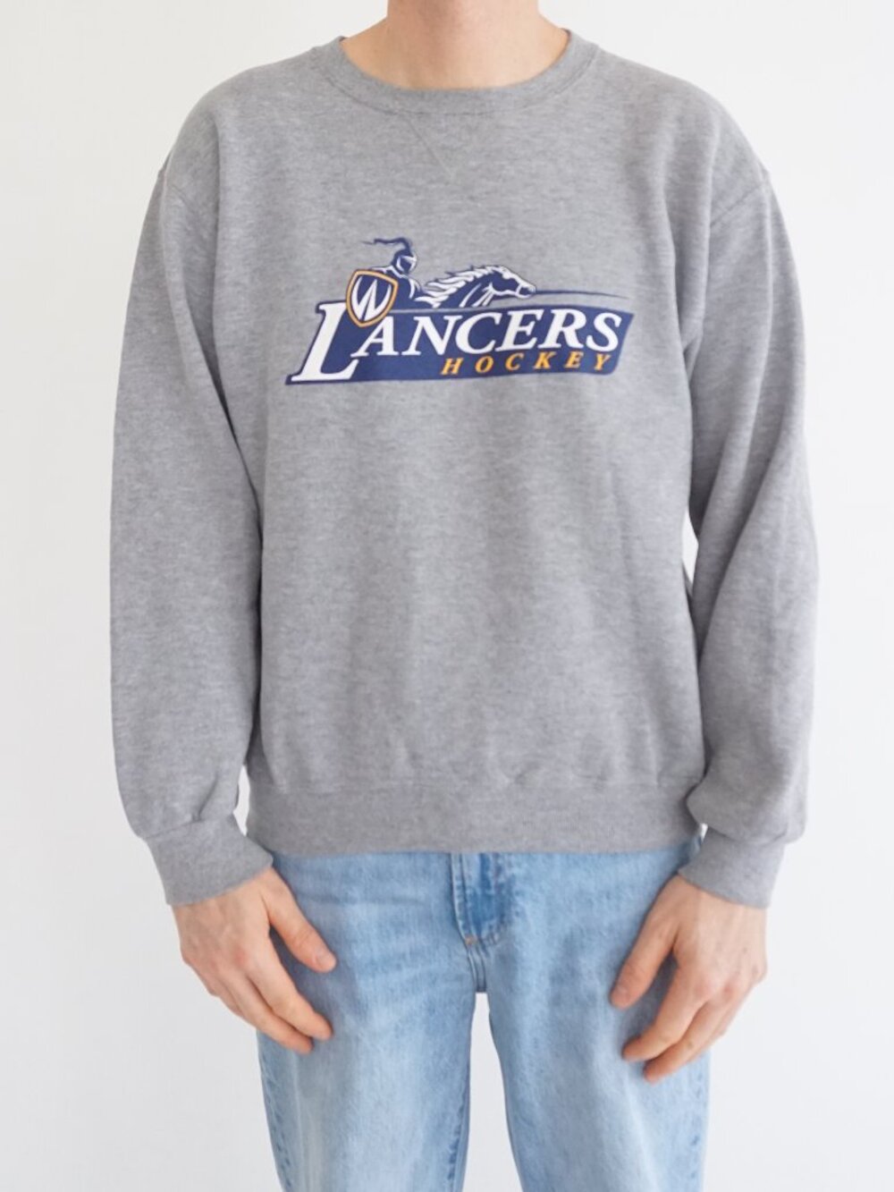 VTG Russell Athletic Lancers Hockey Sweatshirt Grey Graphic Collegiate Mens M